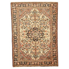 Antique Persian Hamadan Rug with Blue and Green Floral Details on Ivory Field
