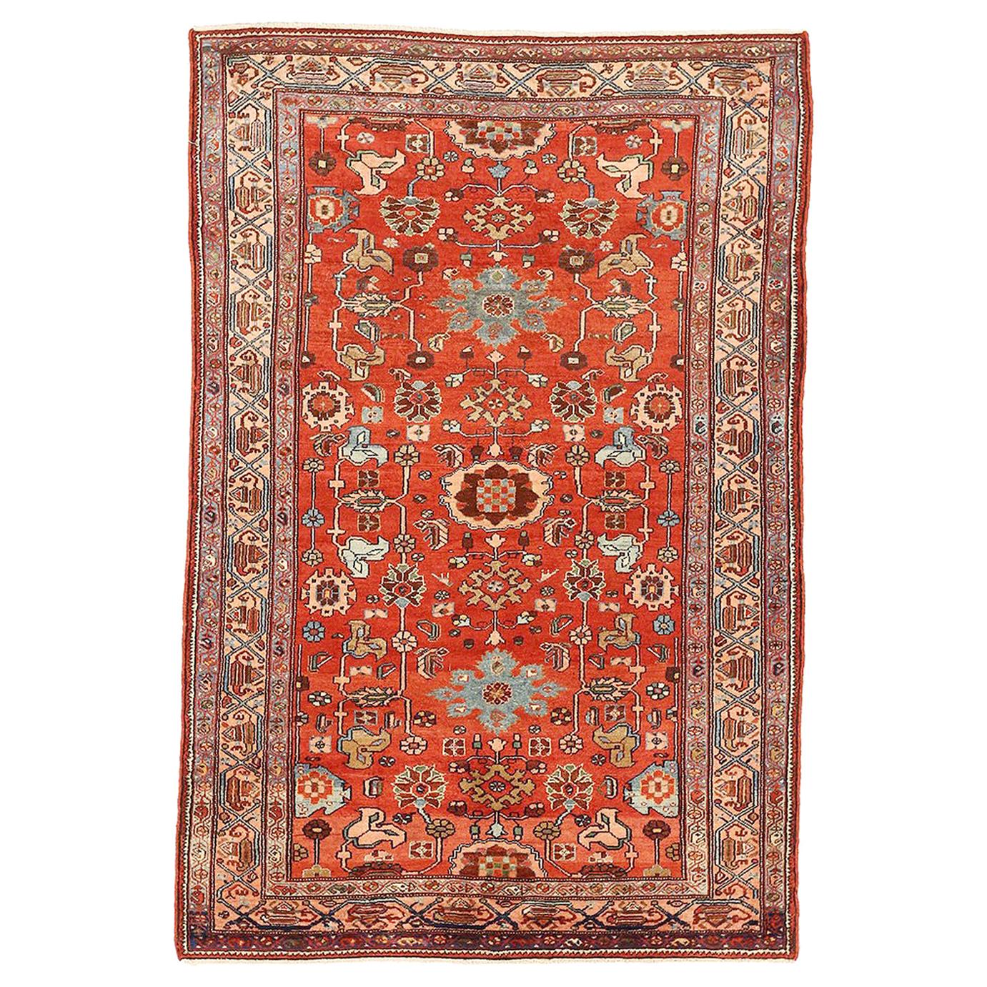Antique Persian Hamadan Rug with Blue and Red Floral Details For Sale
