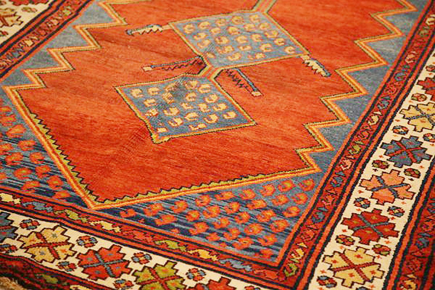 Other Antique Persian Hamadan Rug with Blue and Red Floral Details on Ivory Field For Sale