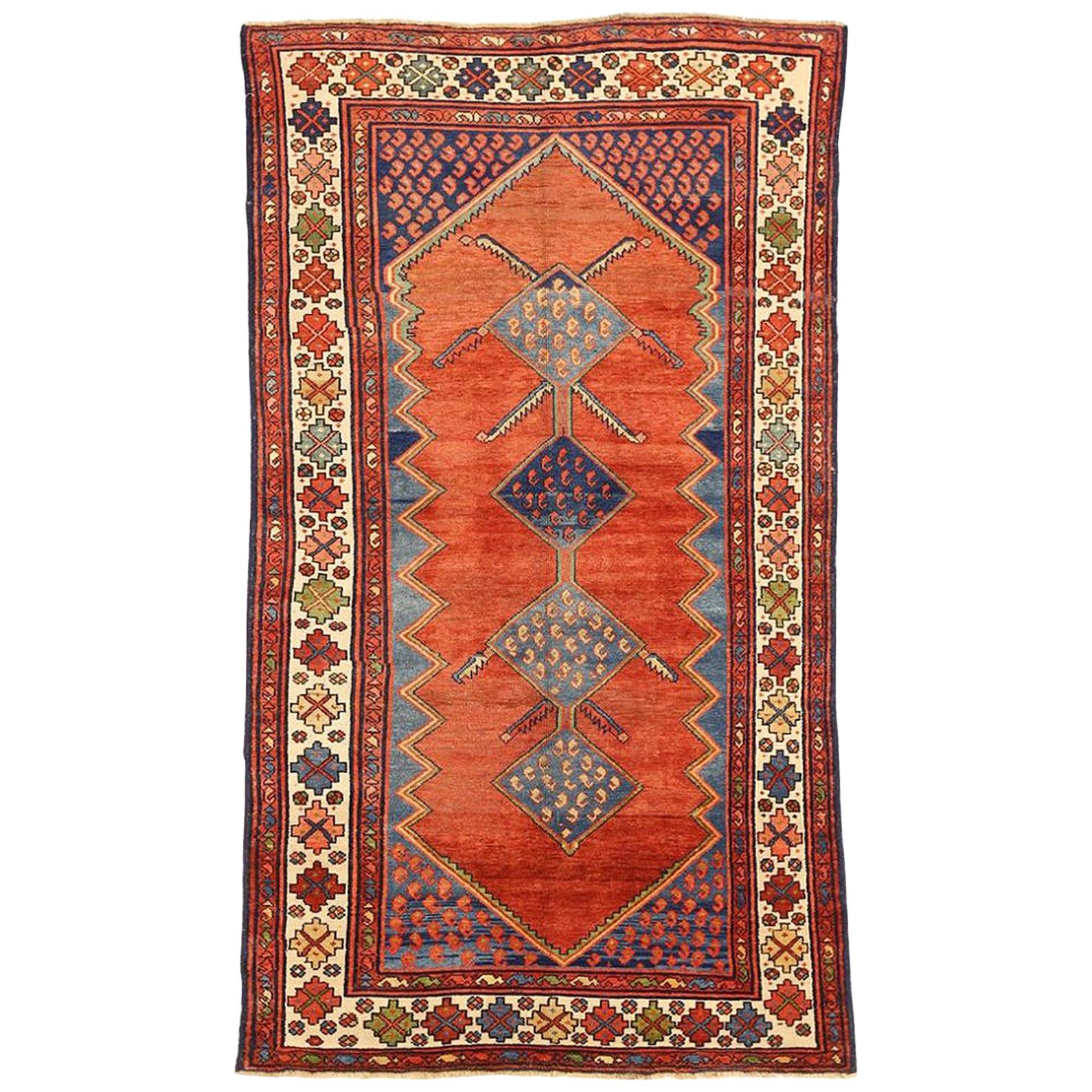 Antique Persian Hamadan Rug with Blue and Red Floral Details on Ivory Field For Sale