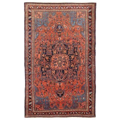 Vintage Persian Hamadan Rug with Blue and Red Flower Details on Black Field