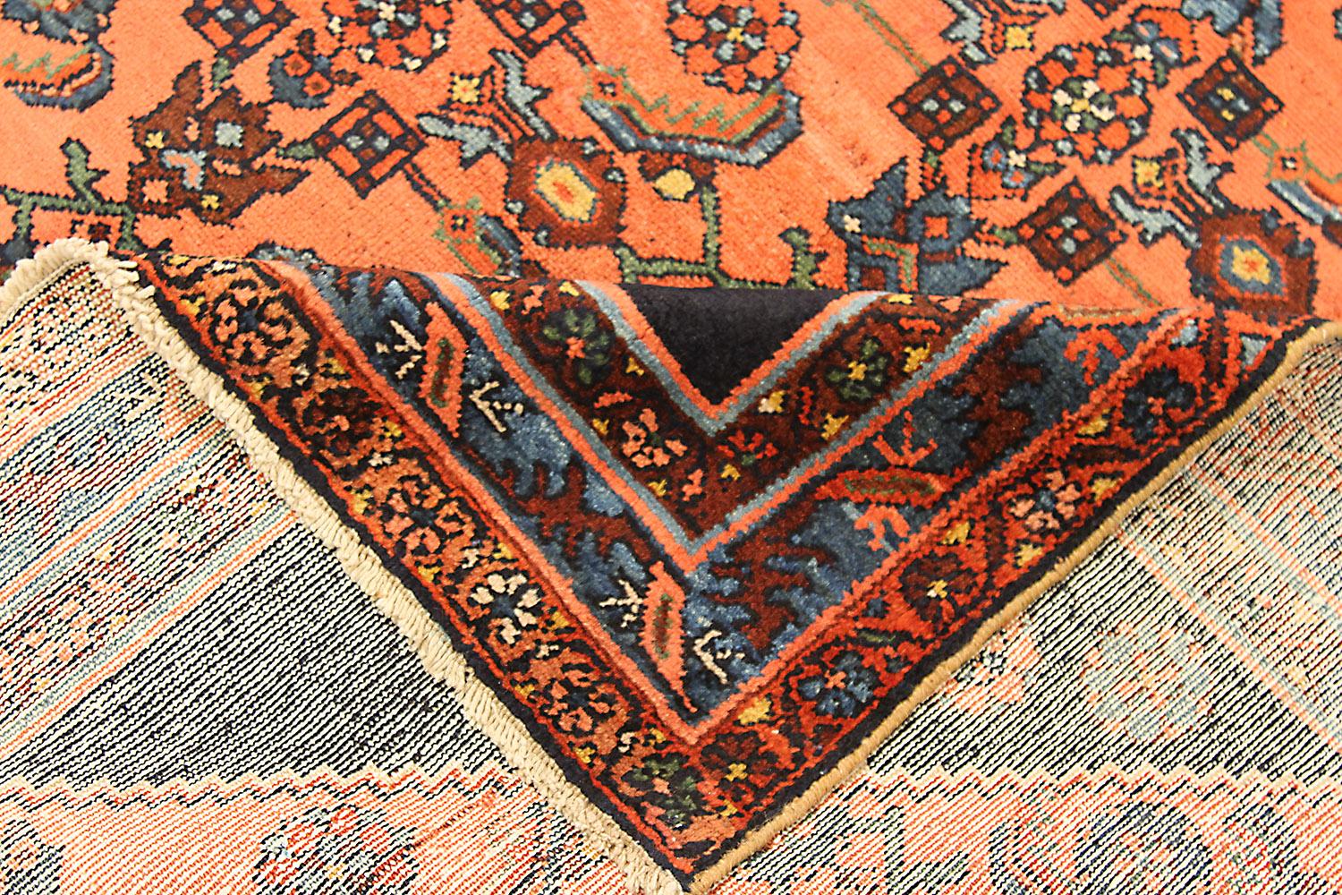 Other Antique Persian Hamadan Rug with Brown and Blue Floral Details For Sale