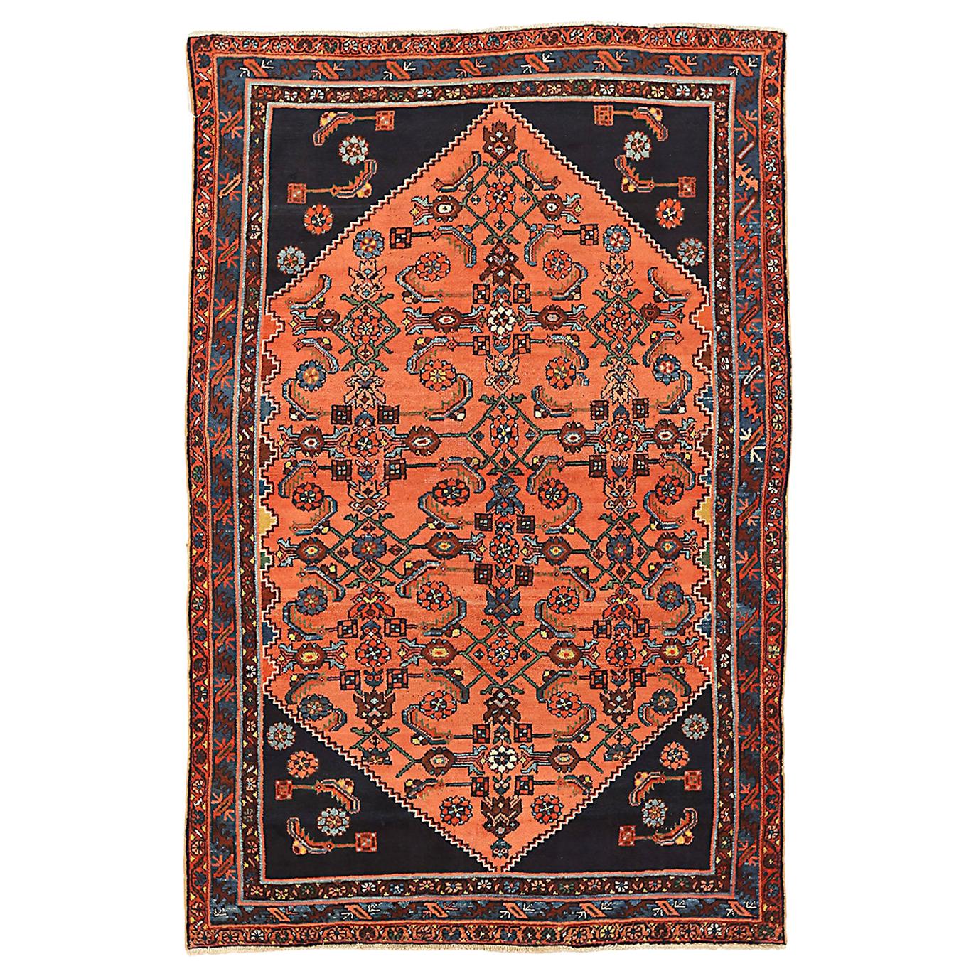 Antique Persian Hamadan Rug with Brown and Blue Floral Details For Sale