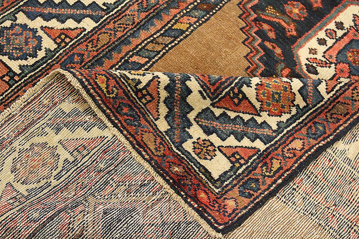 Islamic Antique Persian Hamadan Rug with Brown and Navy Tribal Details on Brown Field For Sale