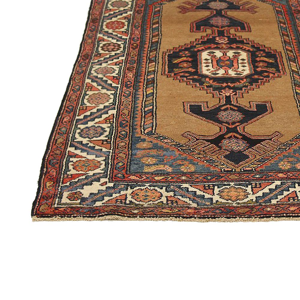 Hand-Woven Antique Persian Hamadan Rug with Brown and Navy Tribal Details on Brown Field For Sale