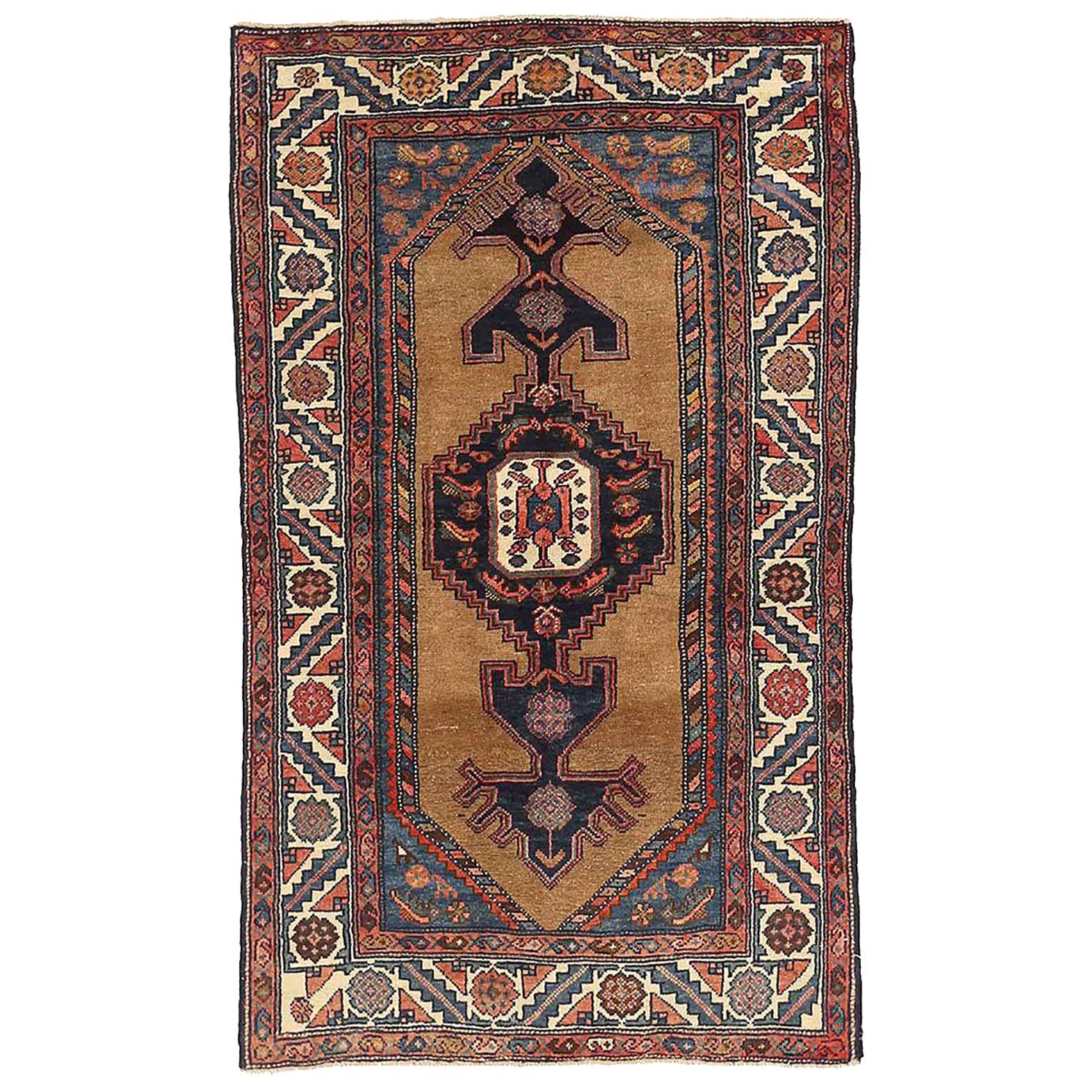 Antique Persian Hamadan Rug with Brown and Navy Tribal Details on Brown Field For Sale