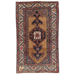 Used Persian Hamadan Rug with Brown and Navy Tribal Details on Brown Field