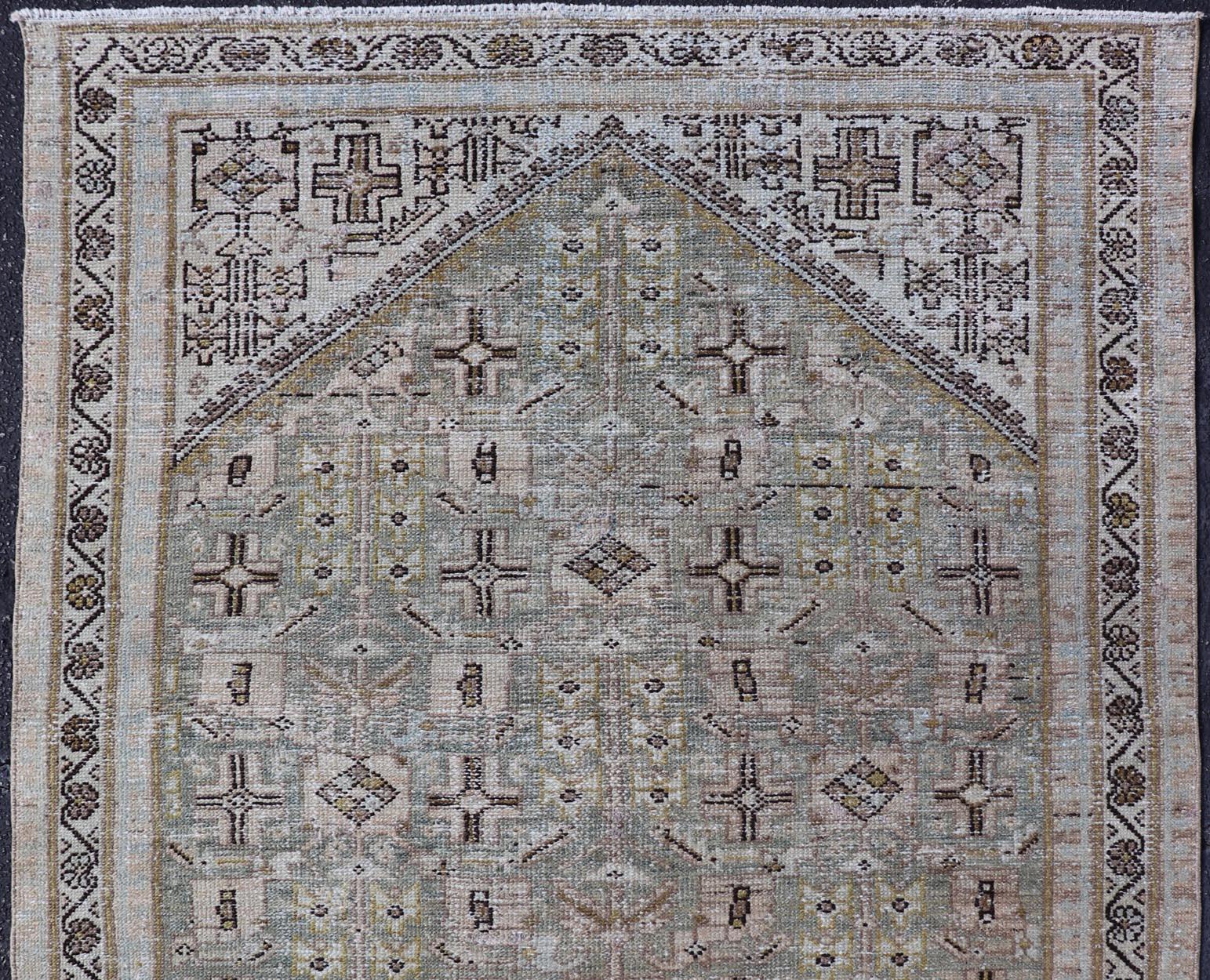 Measures: 4'3 x 6'3 
Antique Persian Hamadan Rug With Central Field with Geometric Motifs 4'3 x 6'3. Keivan Woven Arts/ rug/KBE-1644, country of origin / type: Iran / Hamadan, circa 1930.

This Antique Persian Hamadan rug presents a bold yet refined