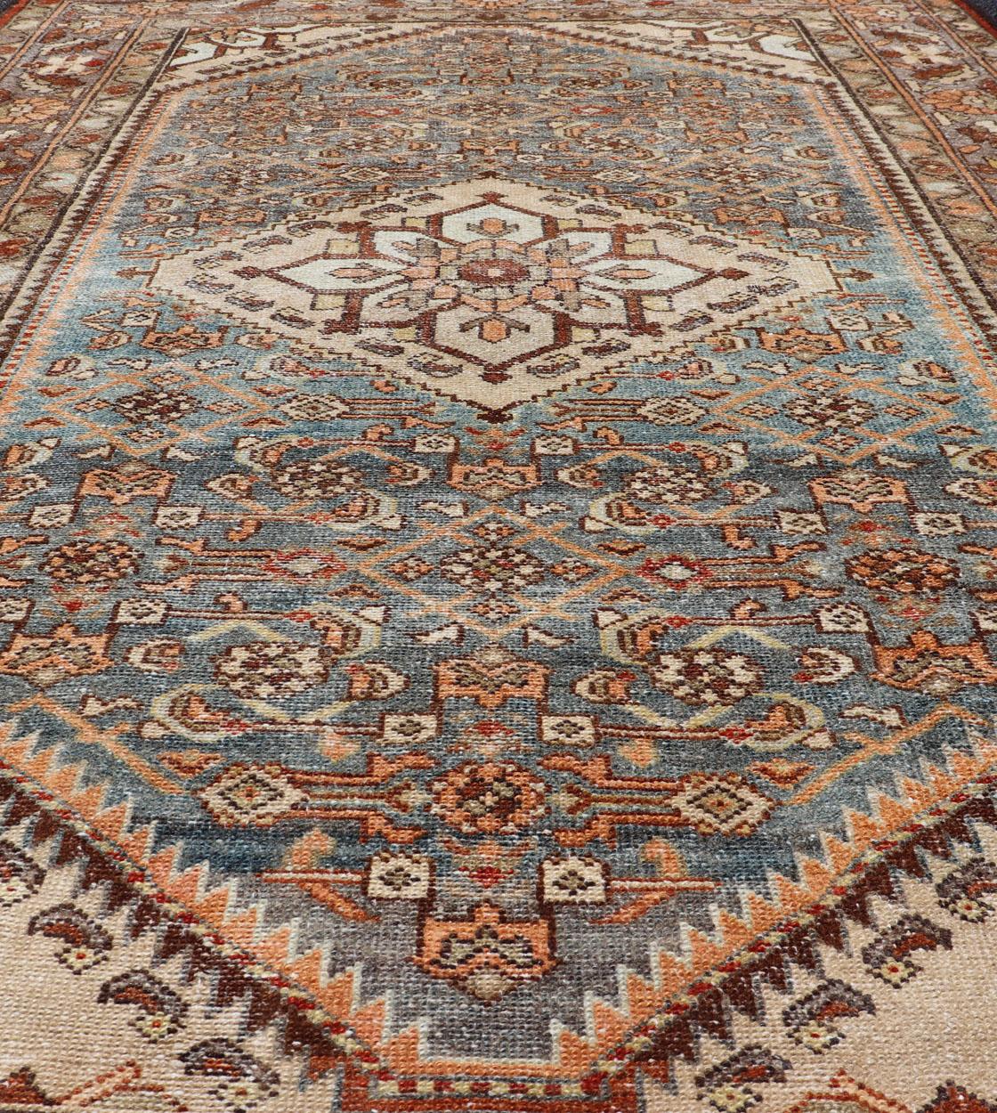 Hand-Knotted Antique Persian Hamadan Rug with Central Medallion & Sub-Geometric Floral Design For Sale