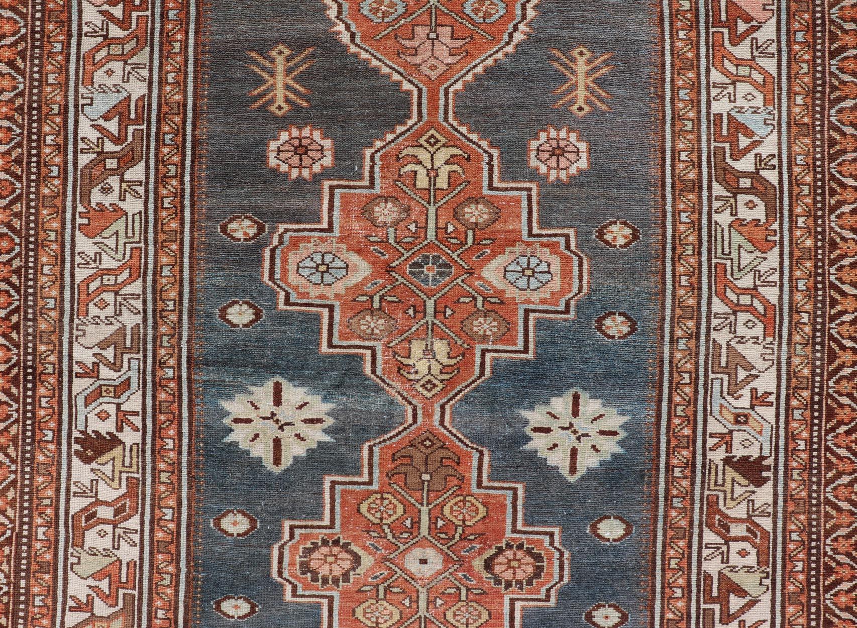 Antique Persian Hamadan Rug with Central Sub-Geometric Medallion in Blue-Gray For Sale 3