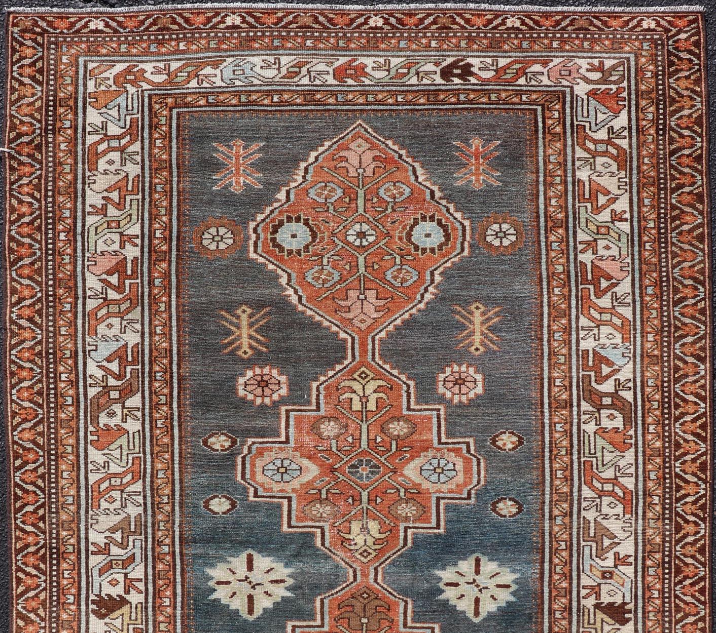 Malayer Antique Persian Hamadan Rug with Central Sub-Geometric Medallion in Blue-Gray For Sale