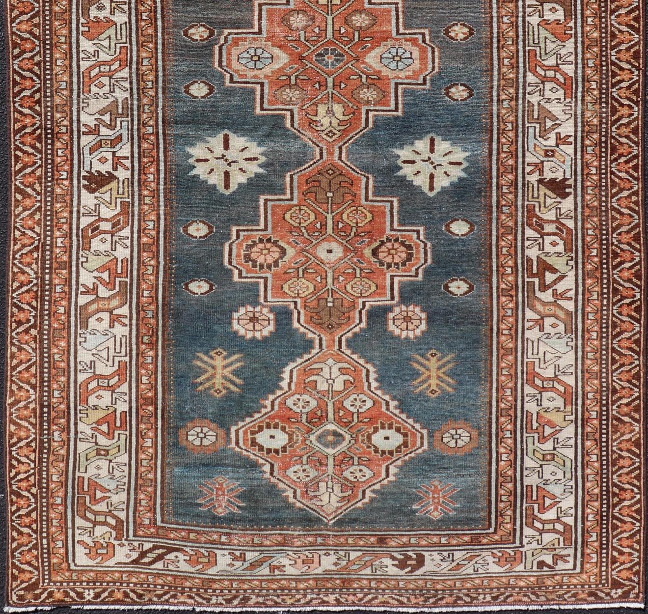 Antique Persian Hamadan Rug with Central Sub-Geometric Medallion in Blue-Gray In Good Condition For Sale In Atlanta, GA