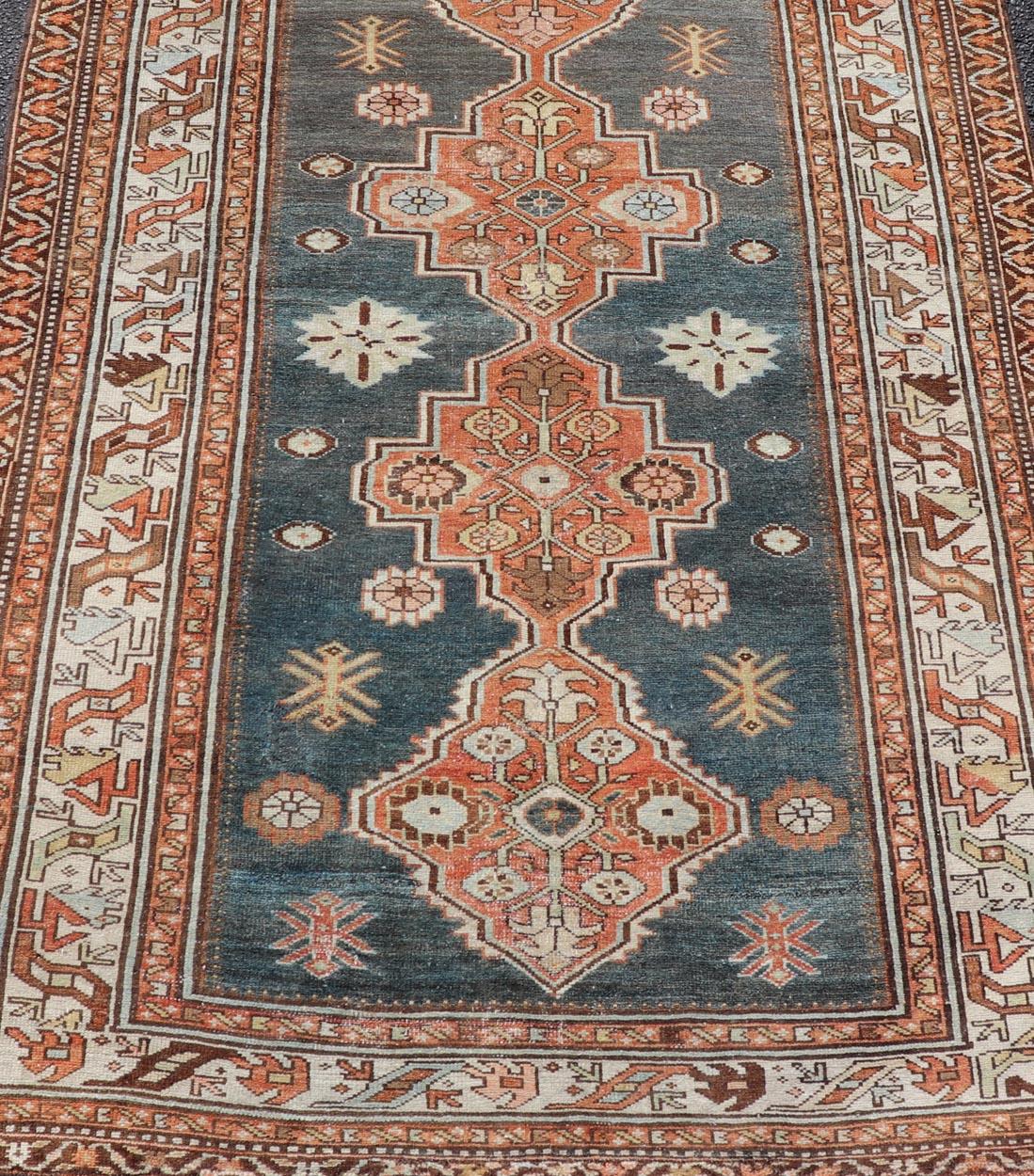 Antique Persian Hamadan Rug with Central Sub-Geometric Medallion in Blue-Gray For Sale 1