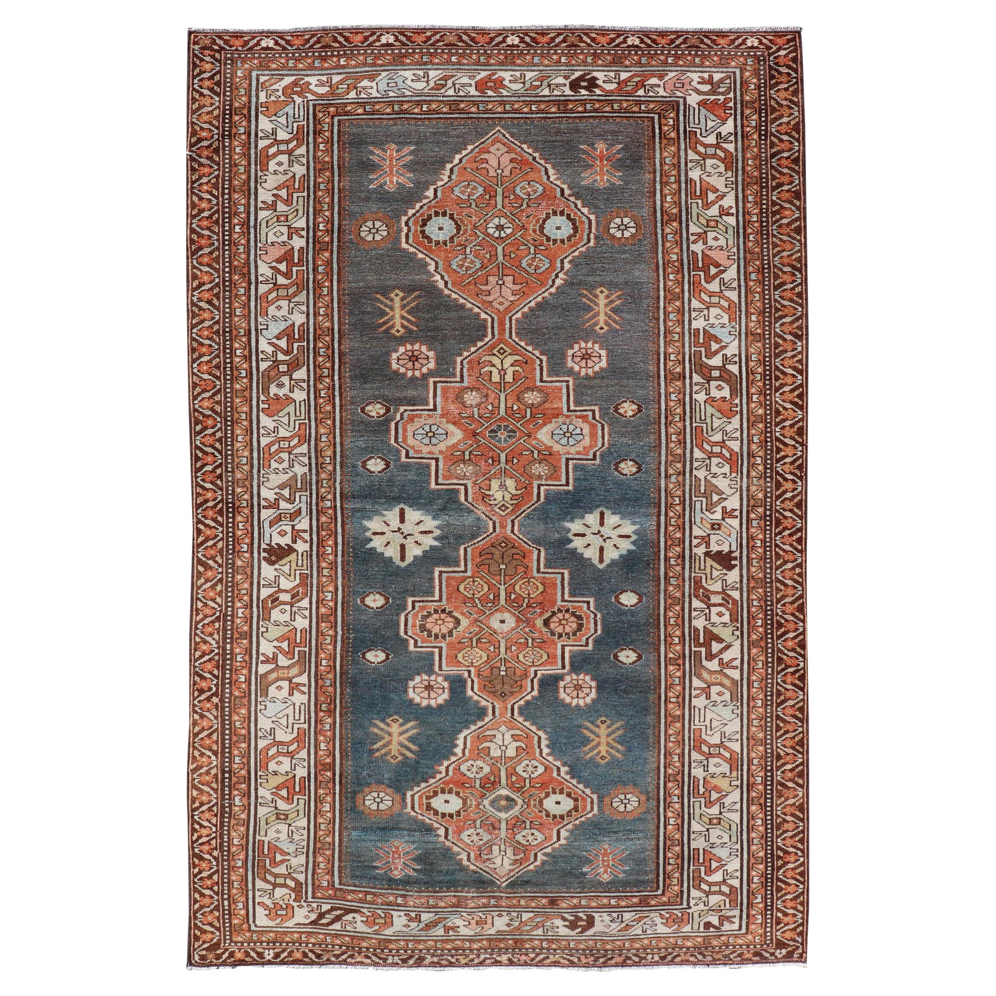 Antique Persian Hamadan Rug with Central Sub-Geometric Medallion in Blue-Gray