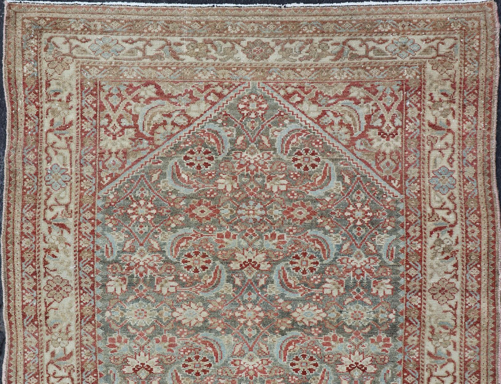 Antique Persian Hamadan rug with colorful geometric design in gray, green and red, rug 19-0307, country of origin / type: Iran / Hamadan, circa 1910.

This antique Persian Hamadan rug (circa early 20th century) features a unique blend of colors