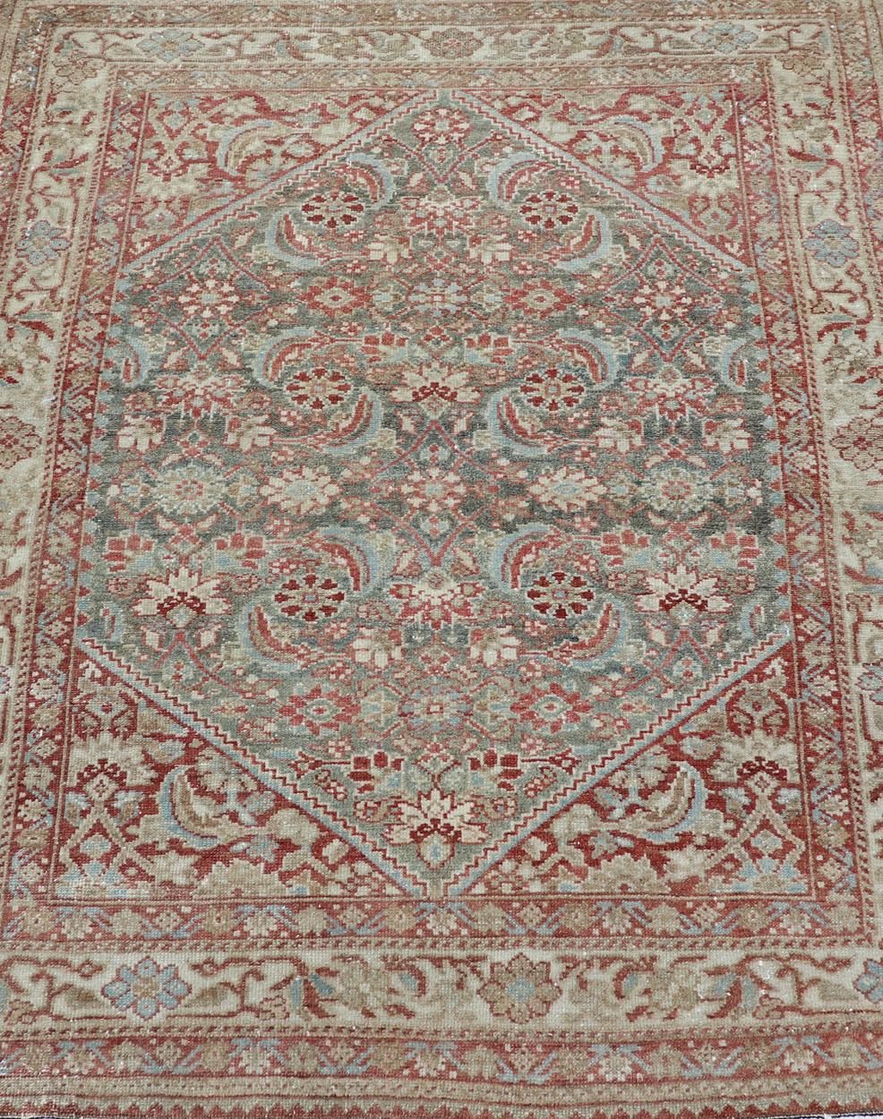 Hand-Knotted Squared Shape Antique Persian Fine Hamadan Rug with All Over Geometric Design  For Sale