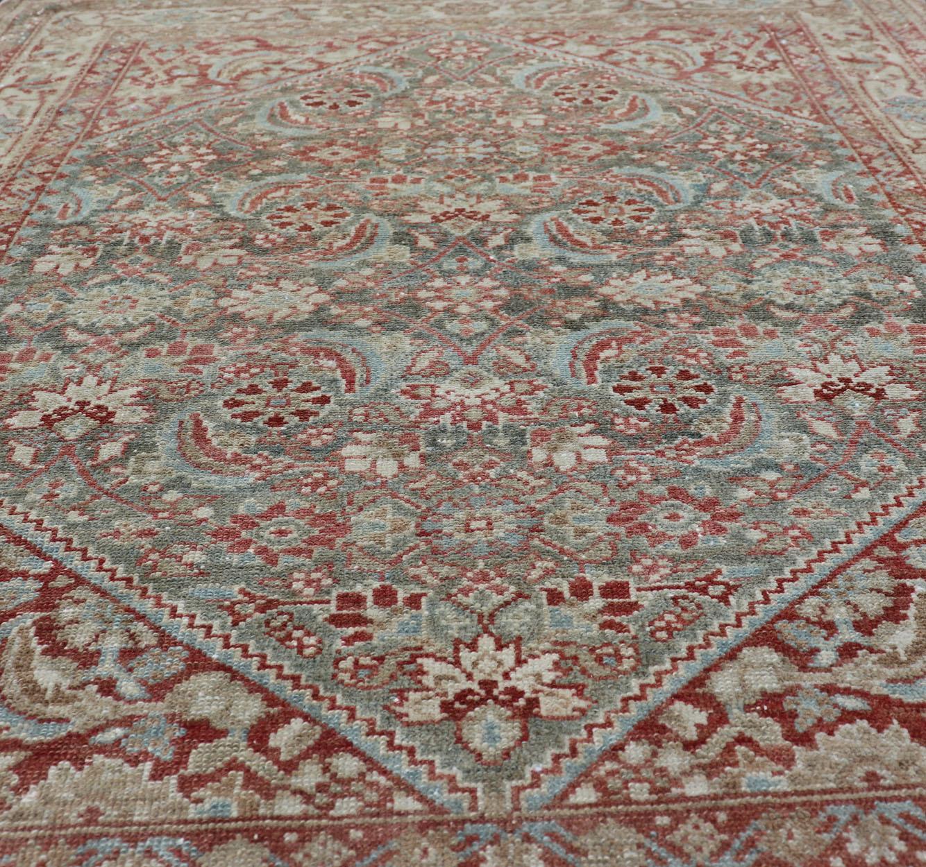 Quadratischer, quadratischer, antiker, persischer, feiner Hamadan-Teppich mit geometrischem Muster (Handgeknüpft) im Angebot