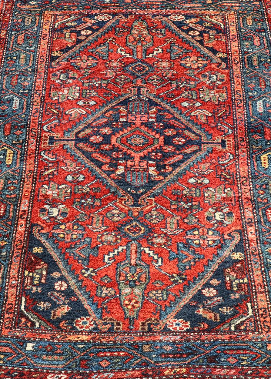 Hand-Knotted Antique Persian Hamadan Rug with Colorful Geometric Medallion Design For Sale