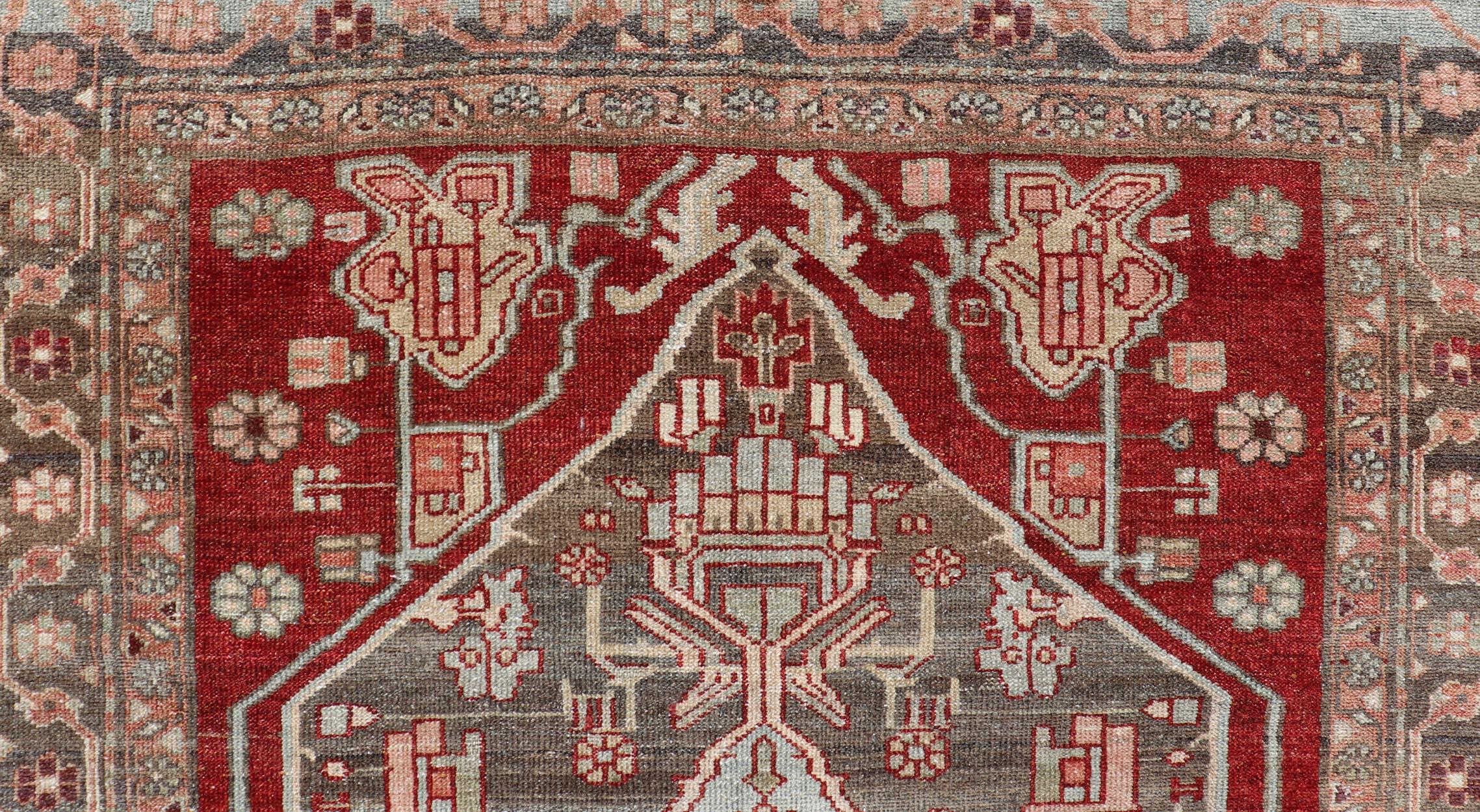 Antique Persian Hamadan Rug with Colorful Geometric Medallion In Good Condition For Sale In Atlanta, GA