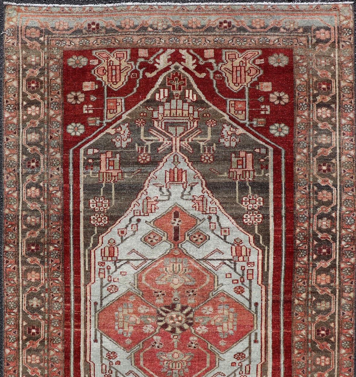 Wool Antique Persian Hamadan Rug with Colorful Geometric Medallion For Sale