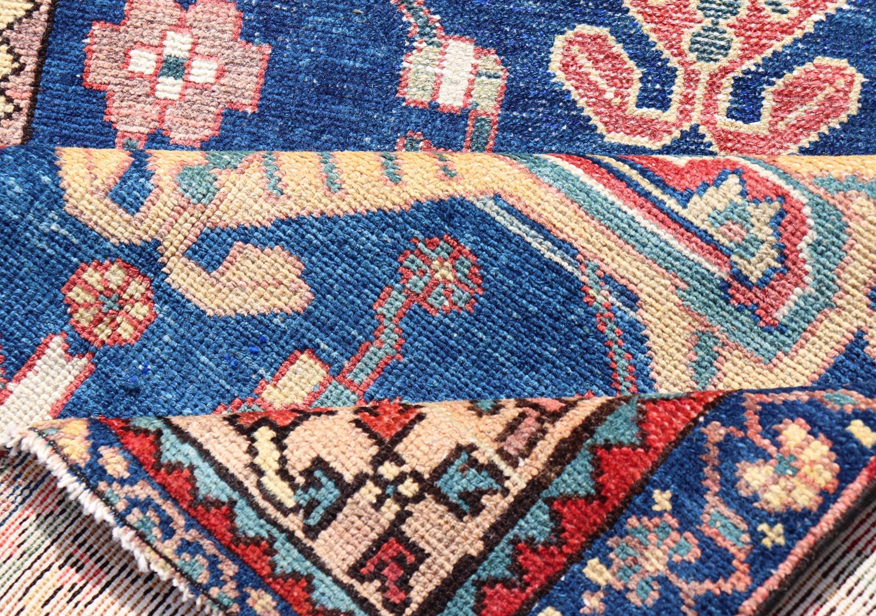 Antique Persian Hamadan Rug with Colorful Geometric Medallion on a Blue Field For Sale 3