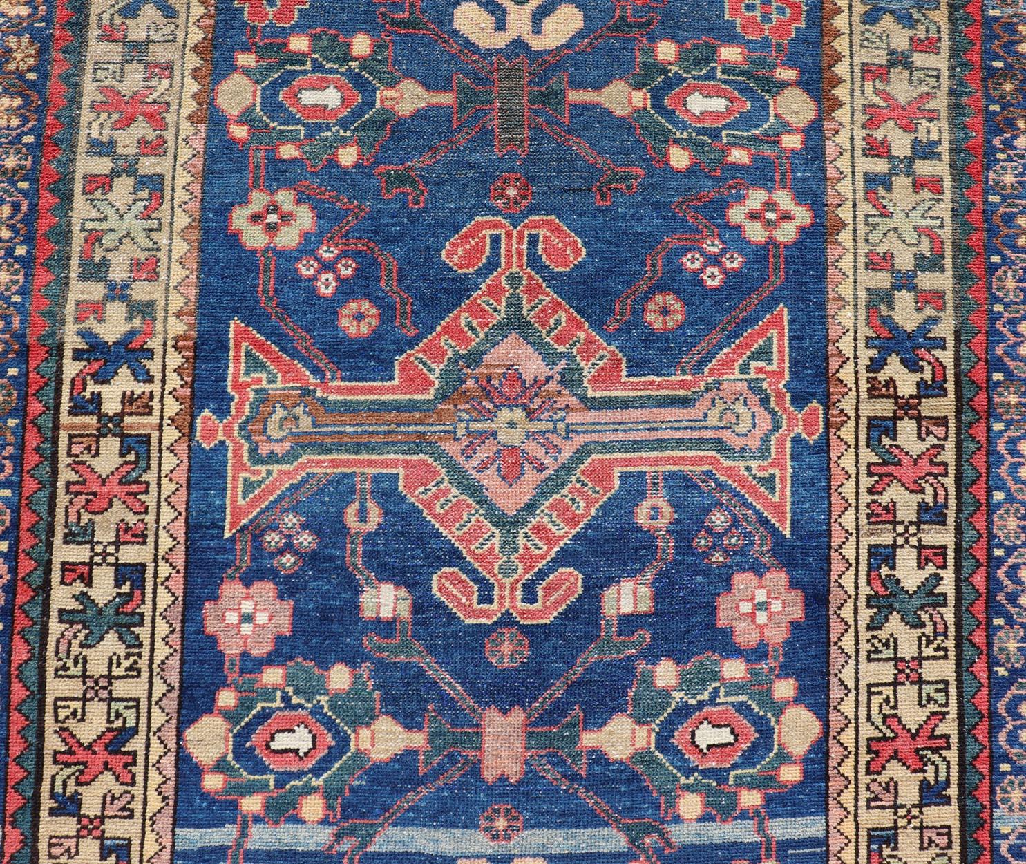 Antique Persian Hamadan Rug with Colorful Geometric Medallion on a Blue Field In Good Condition For Sale In Atlanta, GA