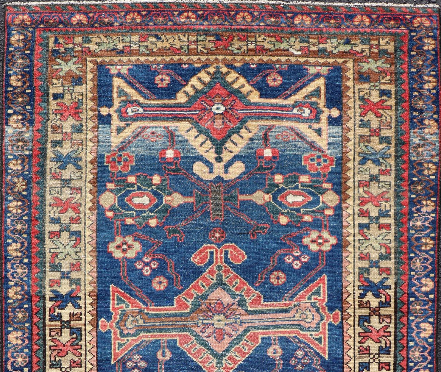 Antique Persian Hamadan Rug with Colorful Geometric Medallion on a Blue Field For Sale 1