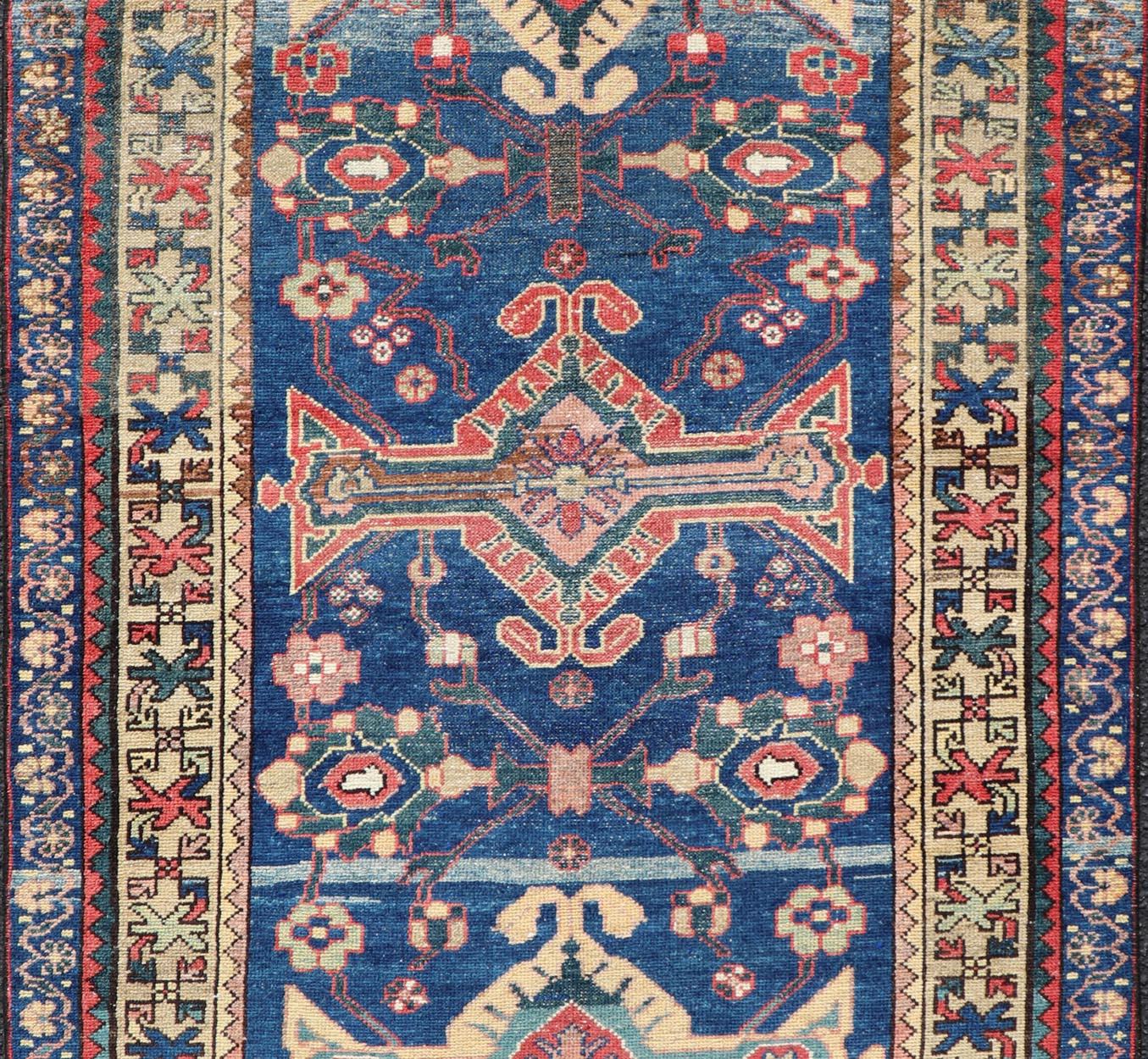Antique Persian Hamadan Rug with Colorful Geometric Medallion on a Blue Field For Sale 2