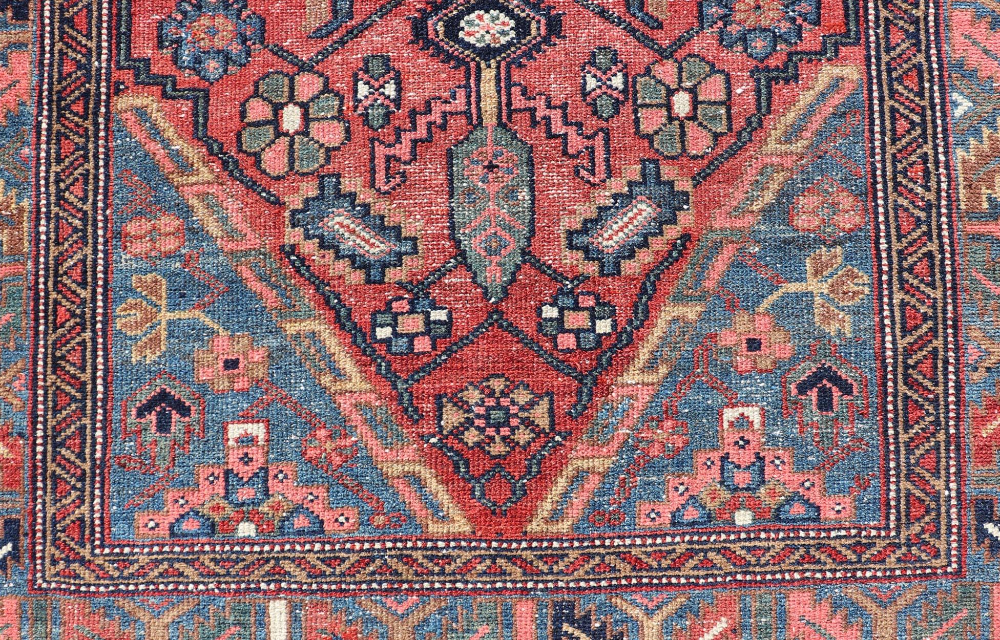 Antique Persian Hamadan Rug with Colorful Geometric Medallion on Red Background For Sale 3