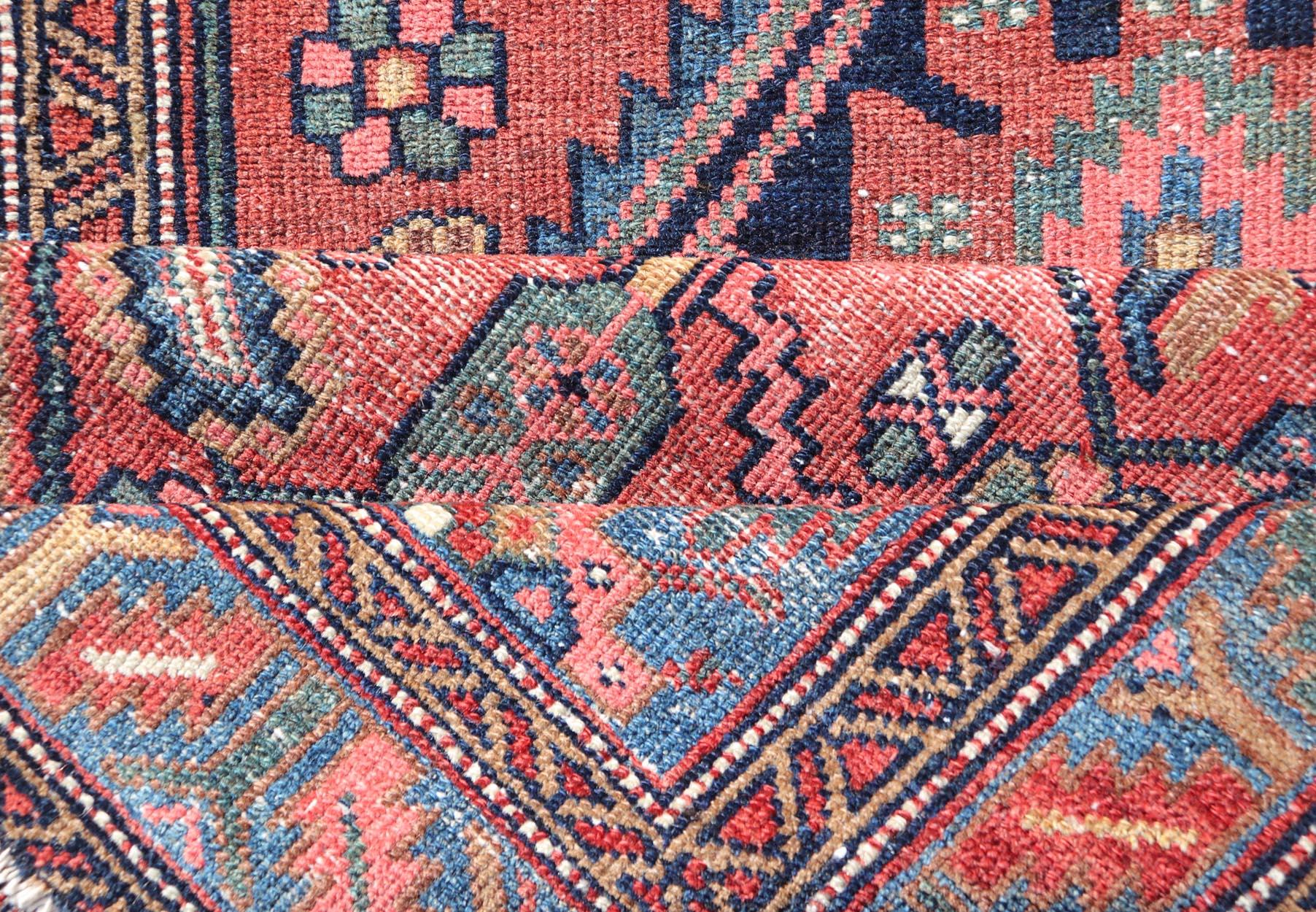 Antique Persian Hamadan Rug with Colorful Geometric Medallion on Red Background For Sale 4