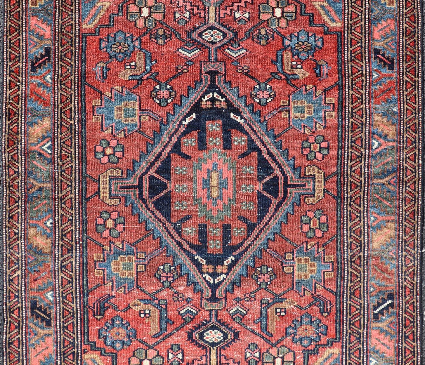 Antique Persian Hamadan rug in rich colors with geometric design, Keivan Woven Arts / rug EMB-9602-P13506, country of origin / type: Iran / Hamadan, circa 1920.

Measures: 3'5 x 6'3.