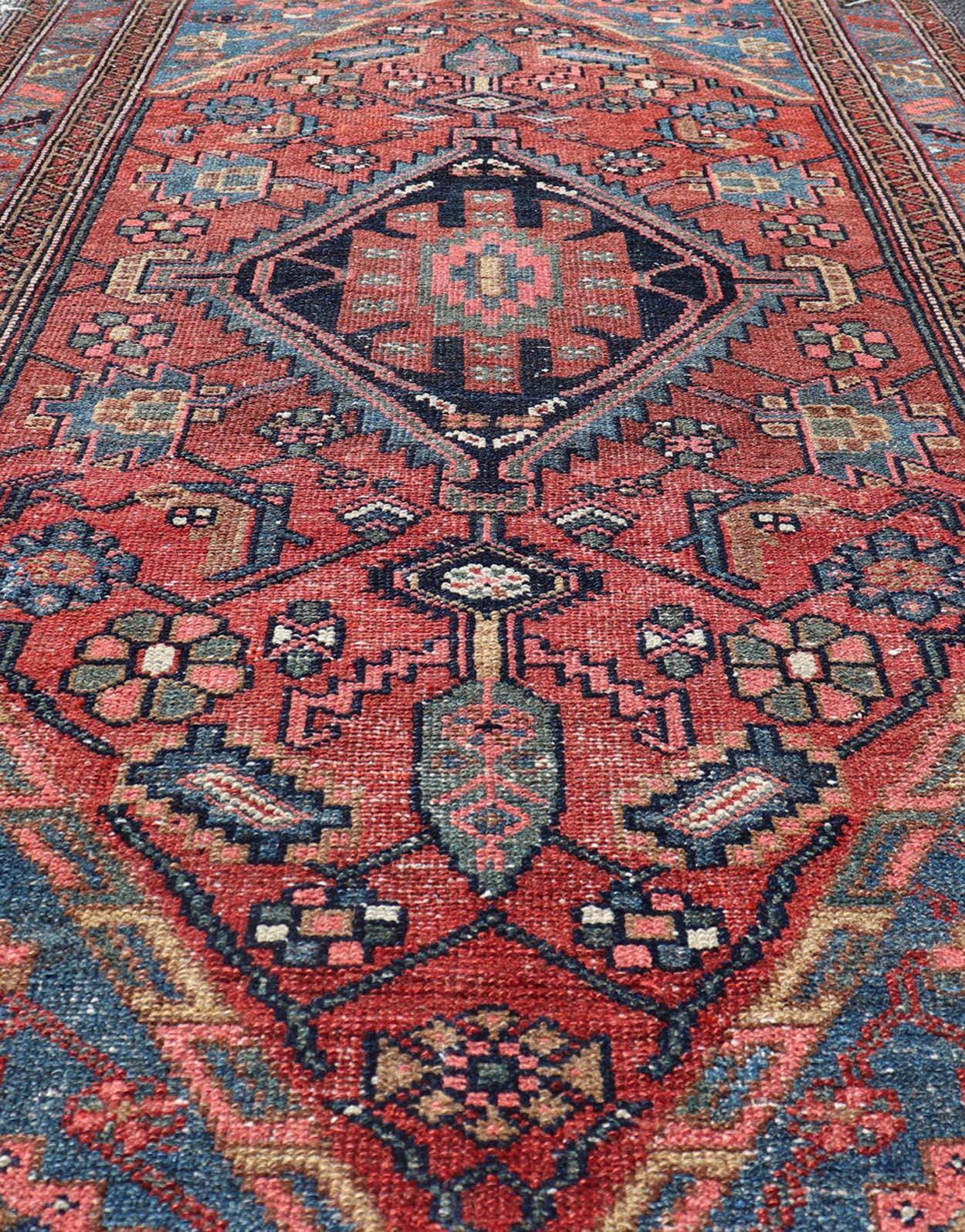 Wool Antique Persian Hamadan Rug with Colorful Geometric Medallion on Red Background For Sale