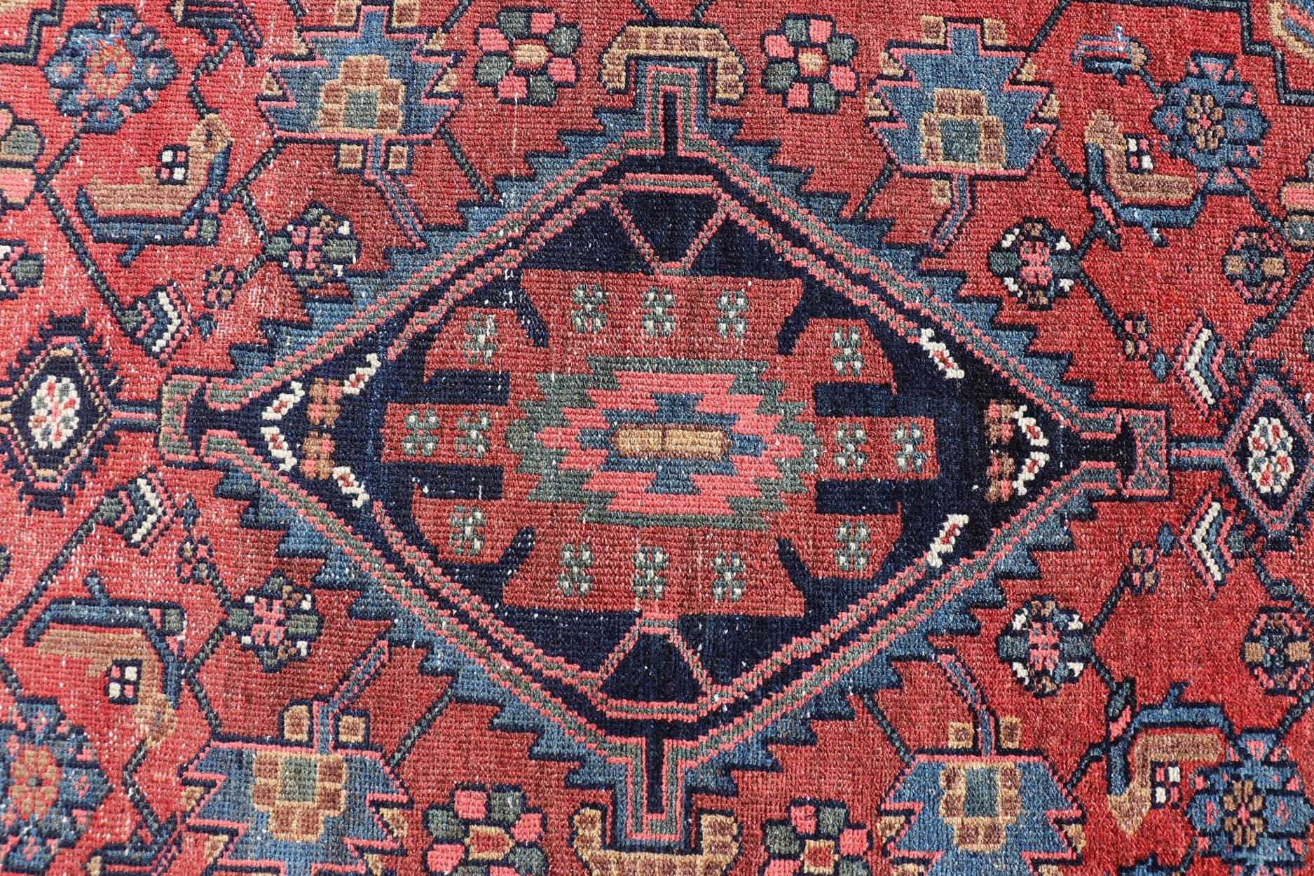 Antique Persian Hamadan Rug with Colorful Geometric Medallion on Red Background For Sale 1