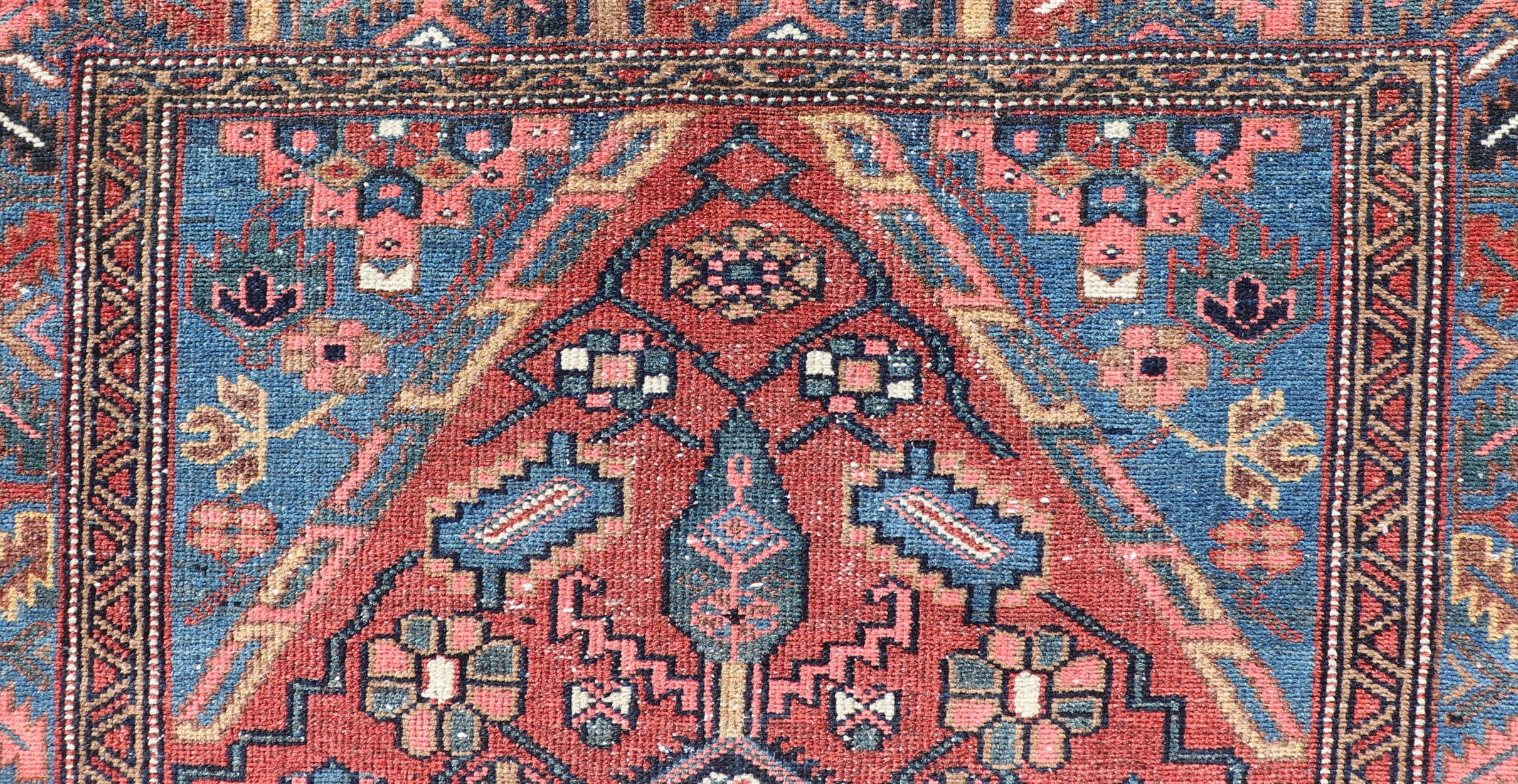 Antique Persian Hamadan Rug with Colorful Geometric Medallion on Red Background For Sale 2