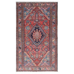 Antique Persian Hamadan Rug with Colorful Geometric Medallion on Red Background
