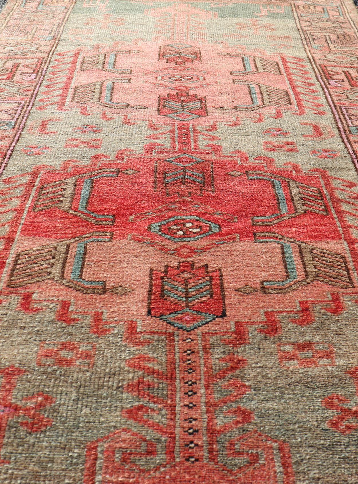 Hand-Knotted Antique Persian Hamadan Rug with Colorful Geometric Medallion's With Light Green For Sale