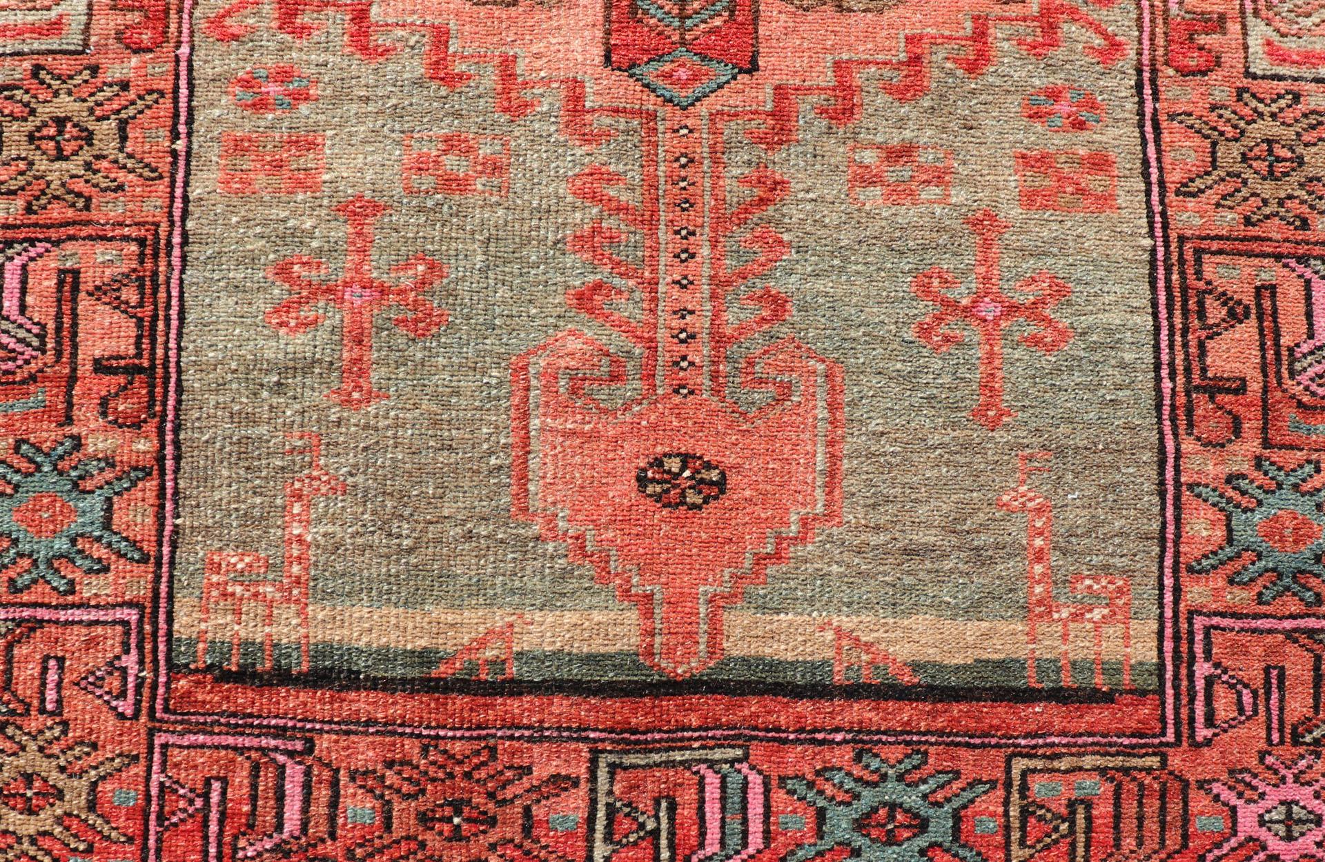 Wool Antique Persian Hamadan Rug with Colorful Geometric Medallion's With Light Green For Sale