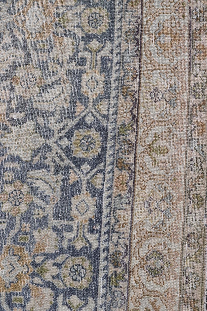 Noué à la main Tapis persan ancien Hamadan à motifs floraux en bleus et crèmes 5'1