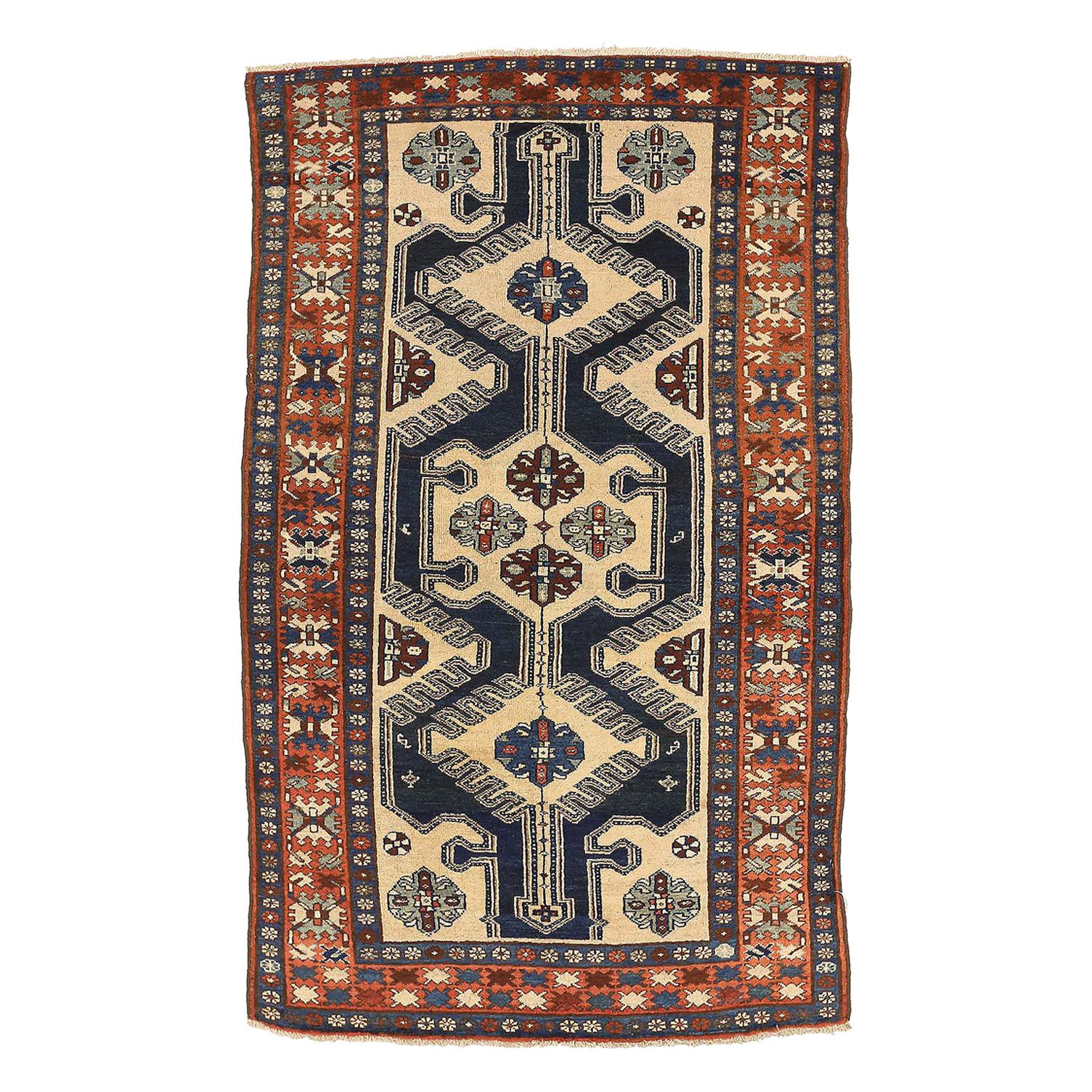Antique Persian Hamadan Rug with Gray and Beige Flower Details on Black Field For Sale
