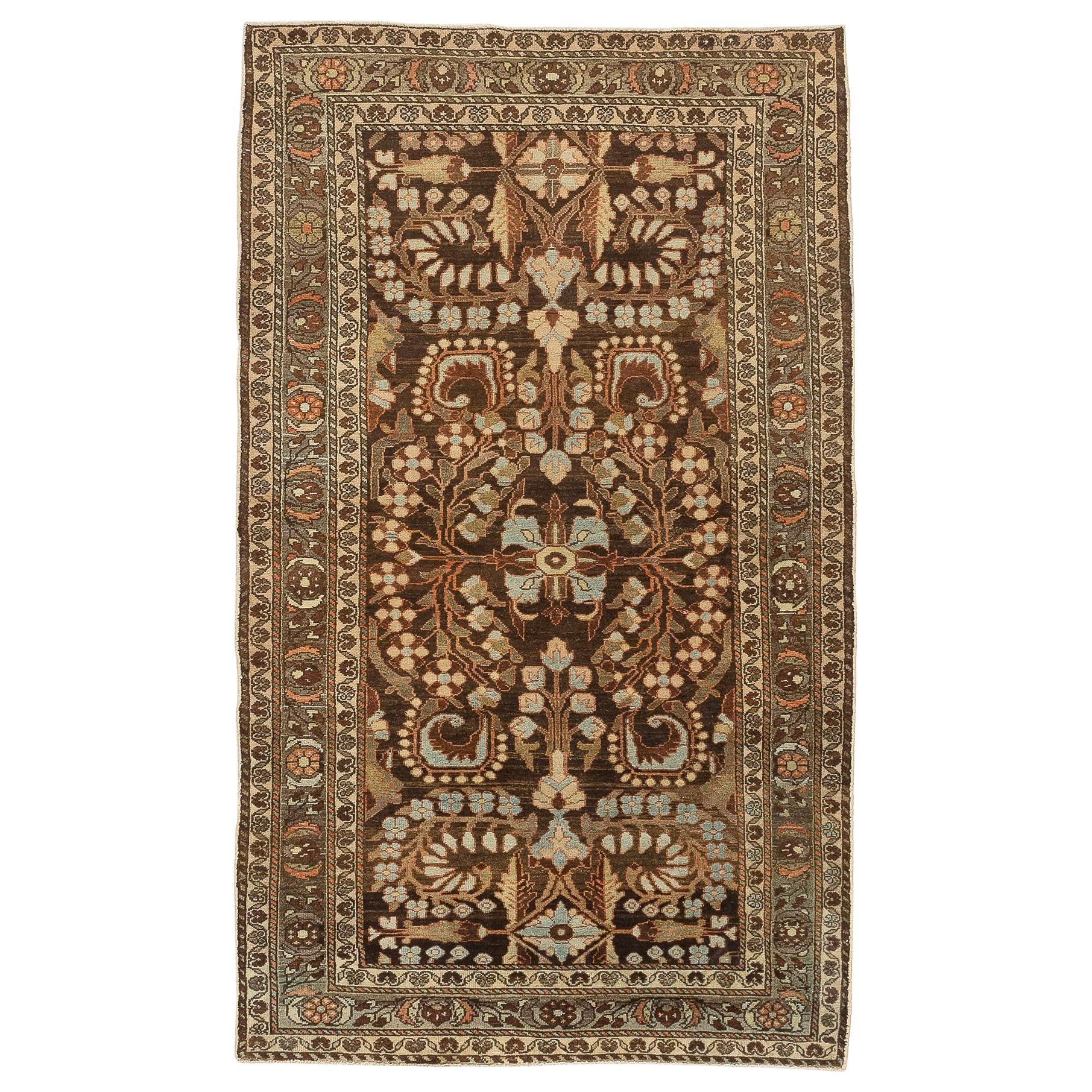 Antique Persian Hamadan Rug with Green and Blue Floral Details on Brown Field For Sale