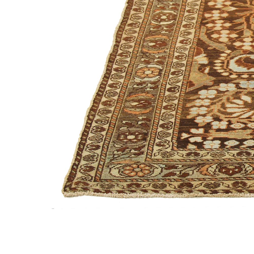 Hand-Woven Antique Persian Hamadan Rug with Green and Blue Floral Details on Brown Field For Sale