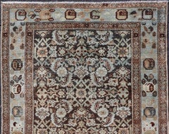 Antique Persian Hamadan Rug with Herati Pattern in Brown Background & Light blue