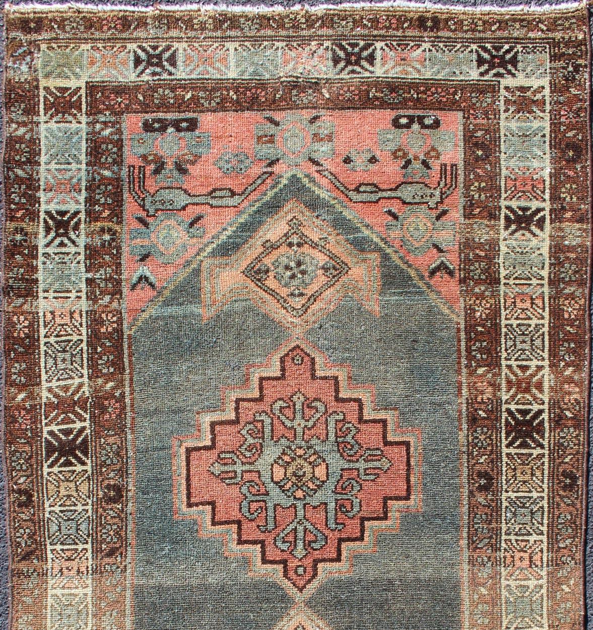 Tribal Antique Persian Hamadan Rug with Large Medallion in Pink and Gray For Sale