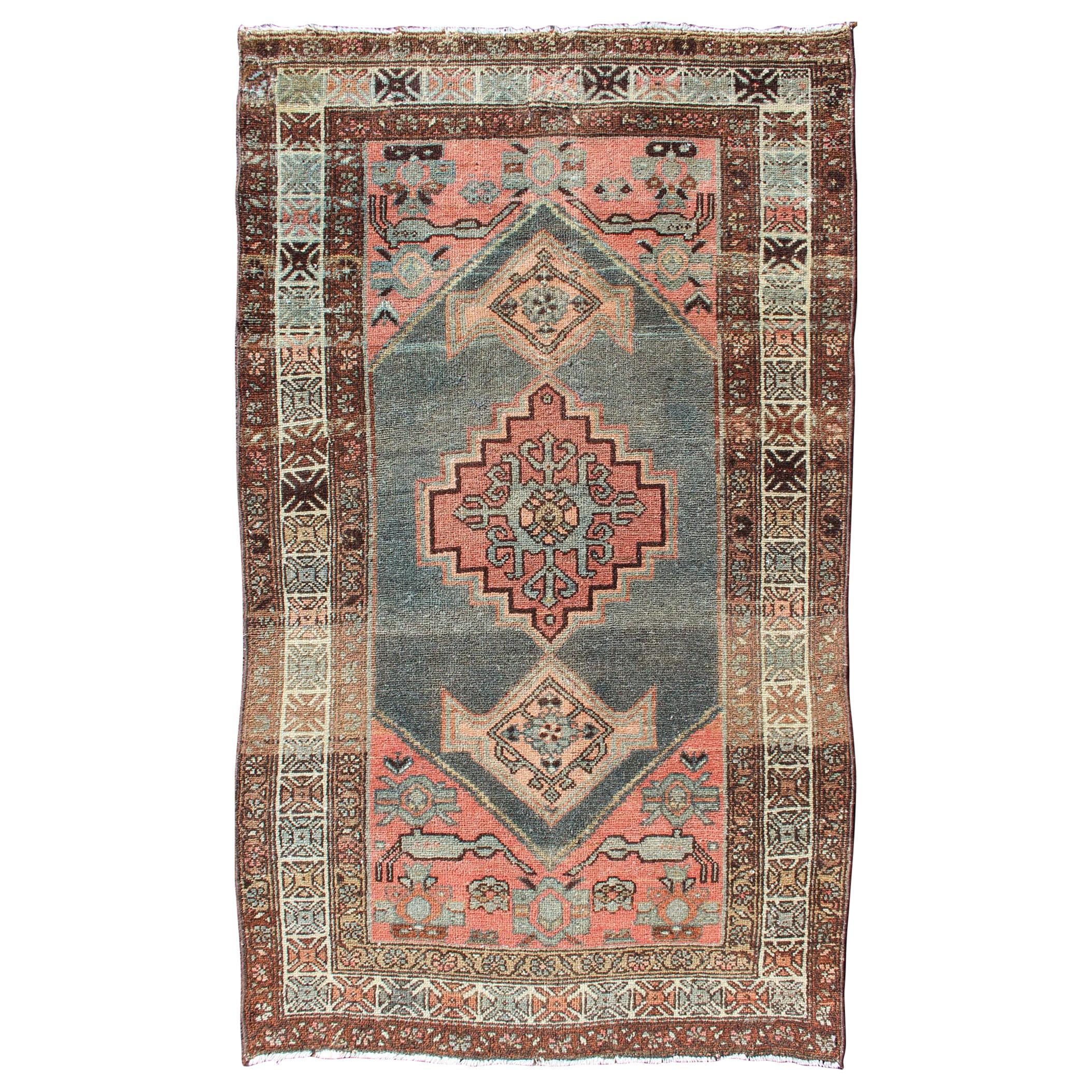 Antique Persian Hamadan Rug with Large Medallion in Pink and Gray