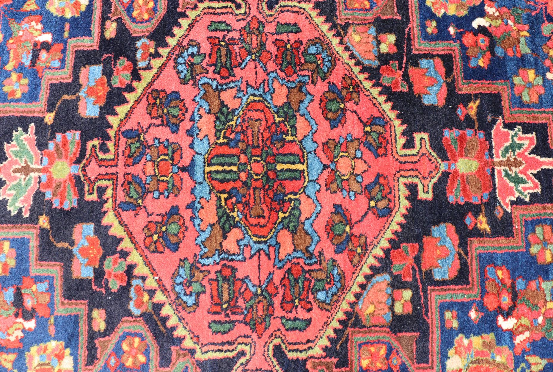 Antique Persian Hamadan Rug with Medallion and Geometric Design in Multicolor For Sale 4