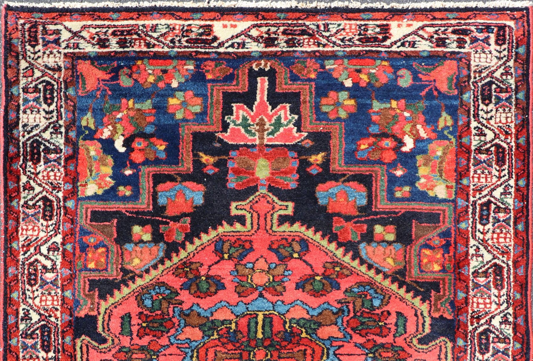 Hand-Knotted Antique Persian Hamadan Rug with Medallion and Geometric Design in Multicolor For Sale