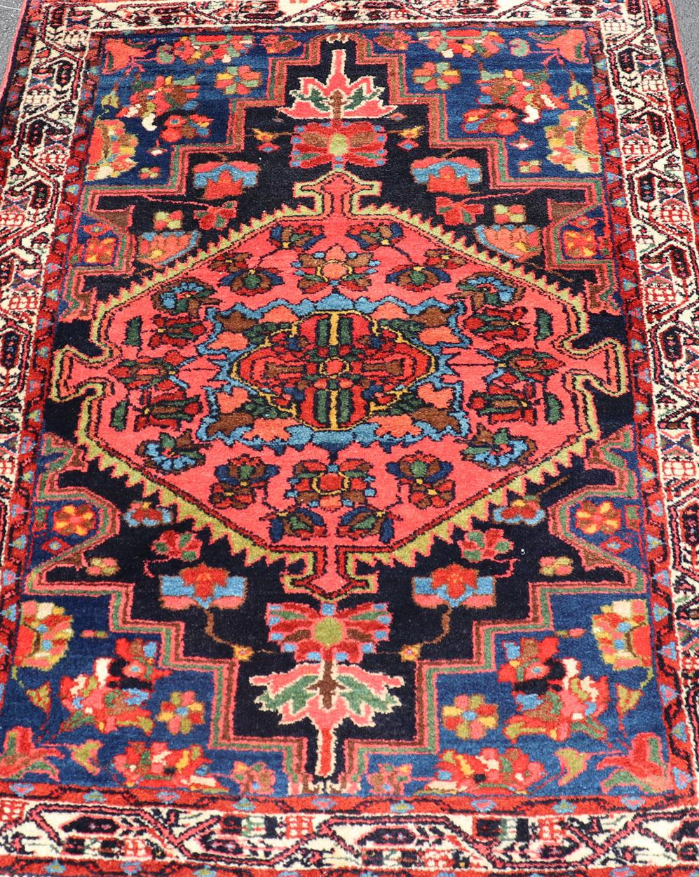 Antique Persian Hamadan Rug with Medallion and Geometric Design in Multicolor For Sale 2