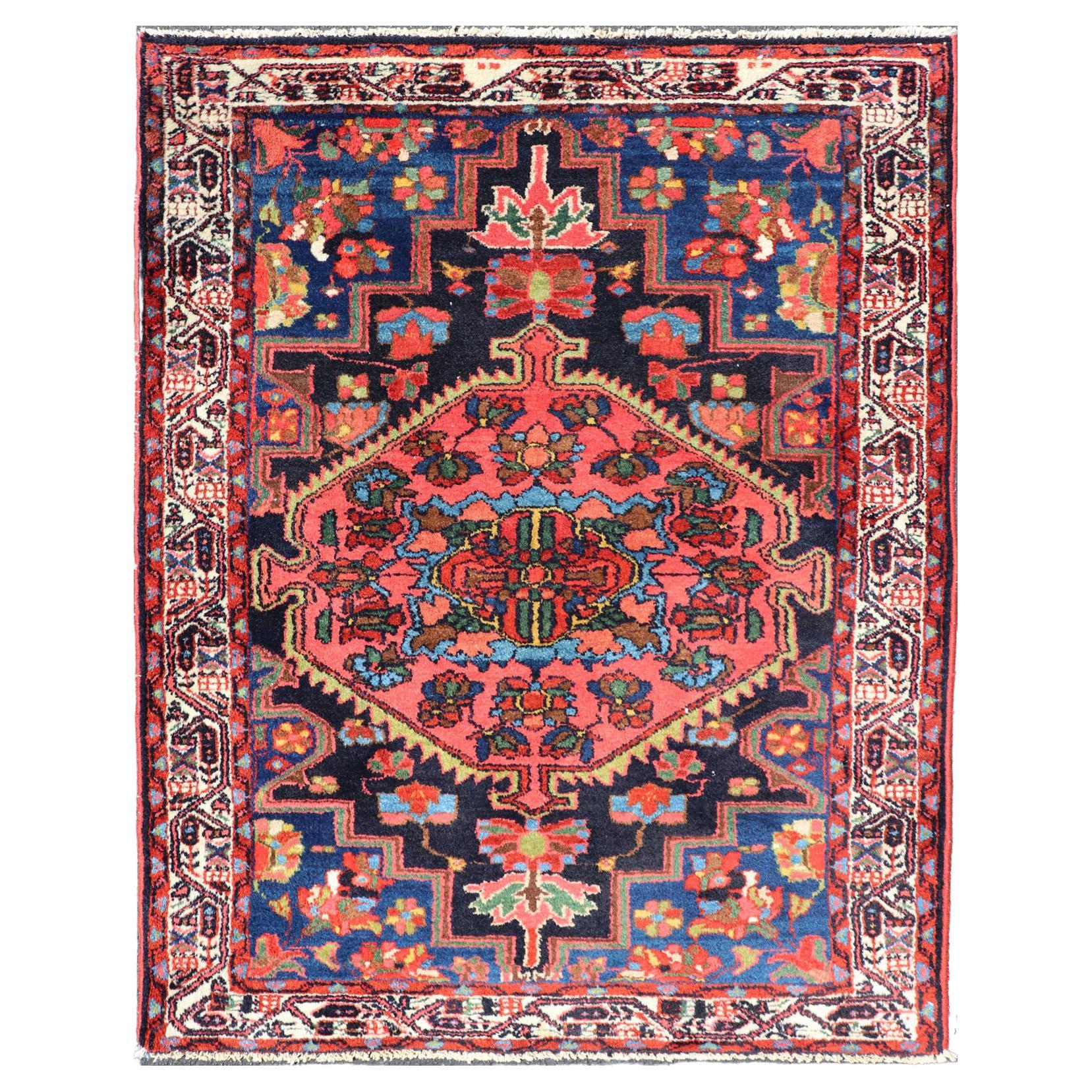 Antique Persian Hamadan Rug with Medallion and Geometric Design in Multicolor