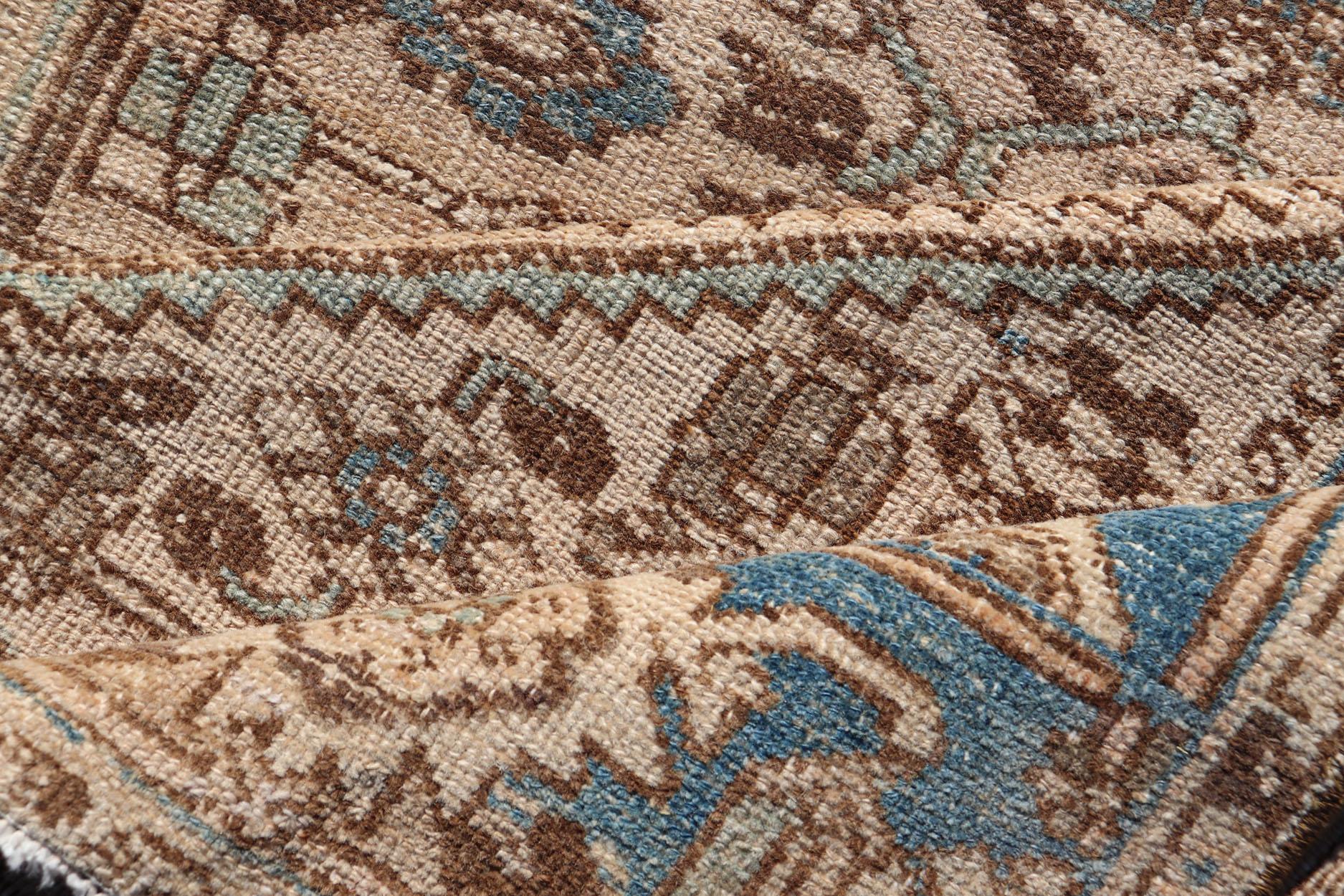 Antique Persian Hamadan Rug with Medallion Design in Tan, Light Blue & Brown For Sale 4