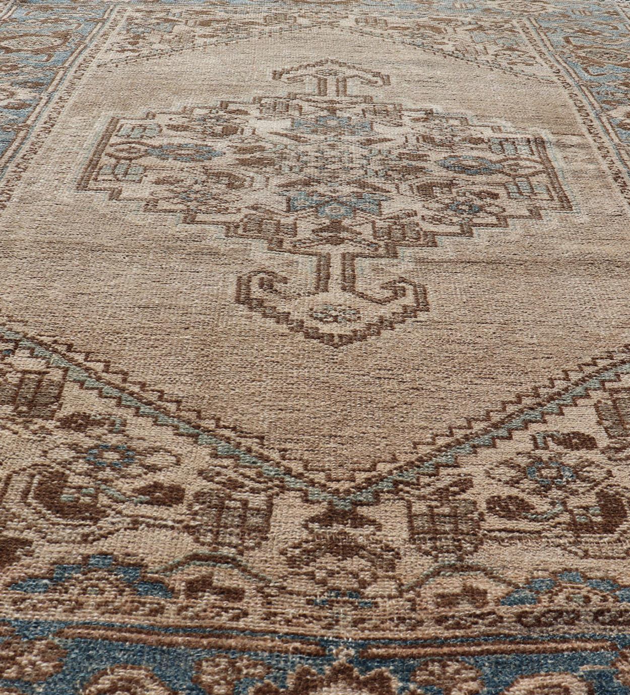 Malayer Antique Persian Hamadan Rug with Medallion Design in Tan, Light Blue & Brown For Sale